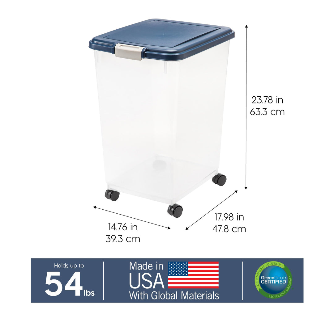 USA Airtight Dog Food Storage Container, Up to 50 lbs, Attachable Wheels, For Dog Cat Bird and Other Pet Food Storage Bin, Keep Fresh, Translucent Body, Easy Mobility, Navy