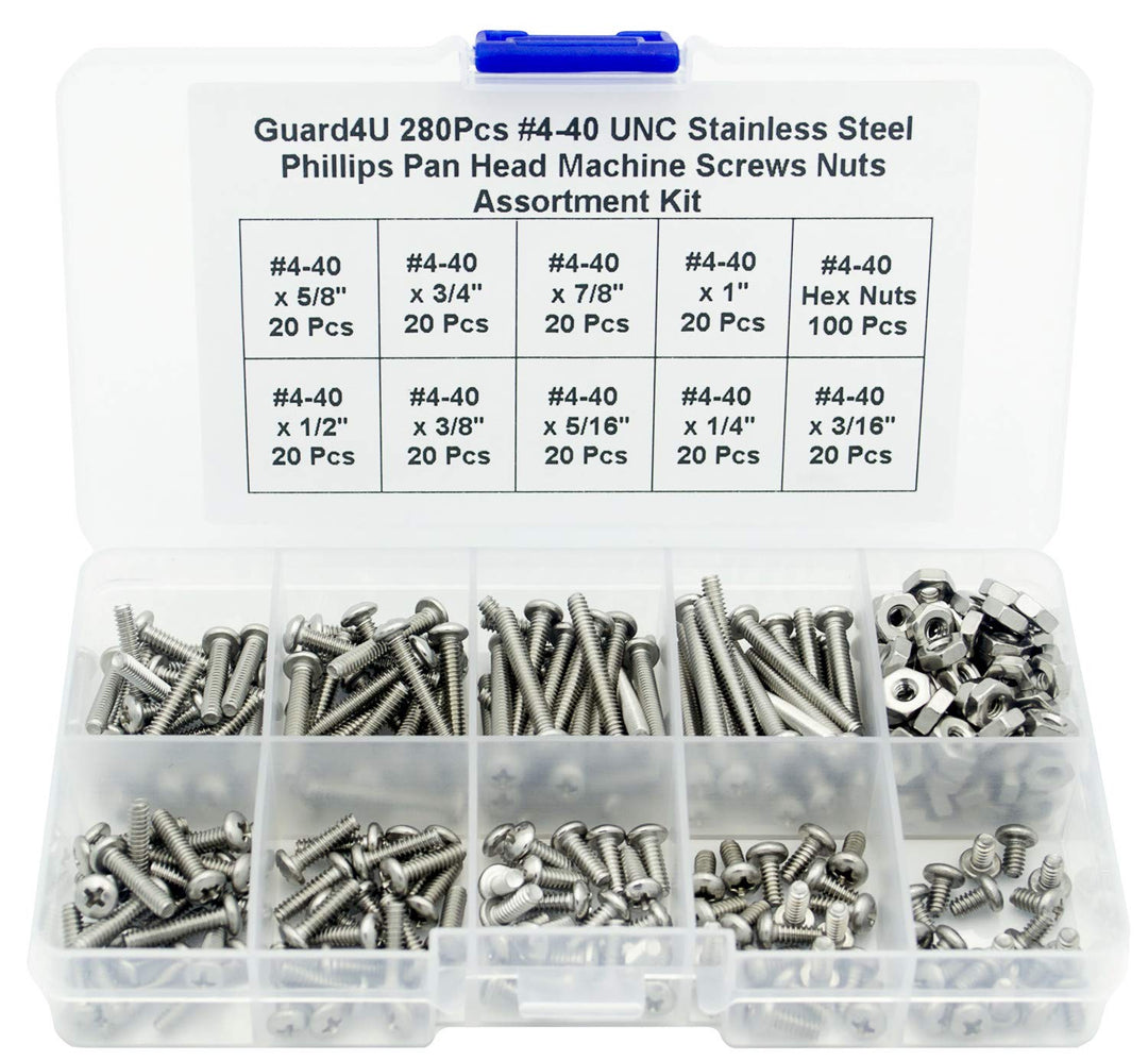 280Pcs #4-40 UNC Stainless Steel Phillips Pan Head Machine Screws Nuts Assortment Kit- #4-40x 3/16 1/4 5/16 3/8 1/2 5/8 3/4 7/8 1