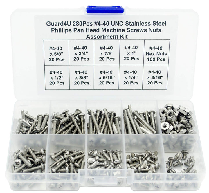 280Pcs #4-40 UNC Stainless Steel Phillips Pan Head Machine Screws Nuts Assortment Kit- #4-40x 3/16 1/4 5/16 3/8 1/2 5/8 3/4 7/8 1