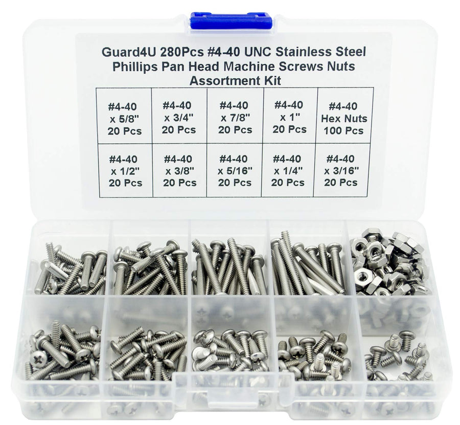280Pcs #4-40 UNC Stainless Steel Phillips Pan Head Machine Screws Nuts Assortment Kit- #4-40x 3/16 1/4 5/16 3/8 1/2 5/8 3/4 7/8 1