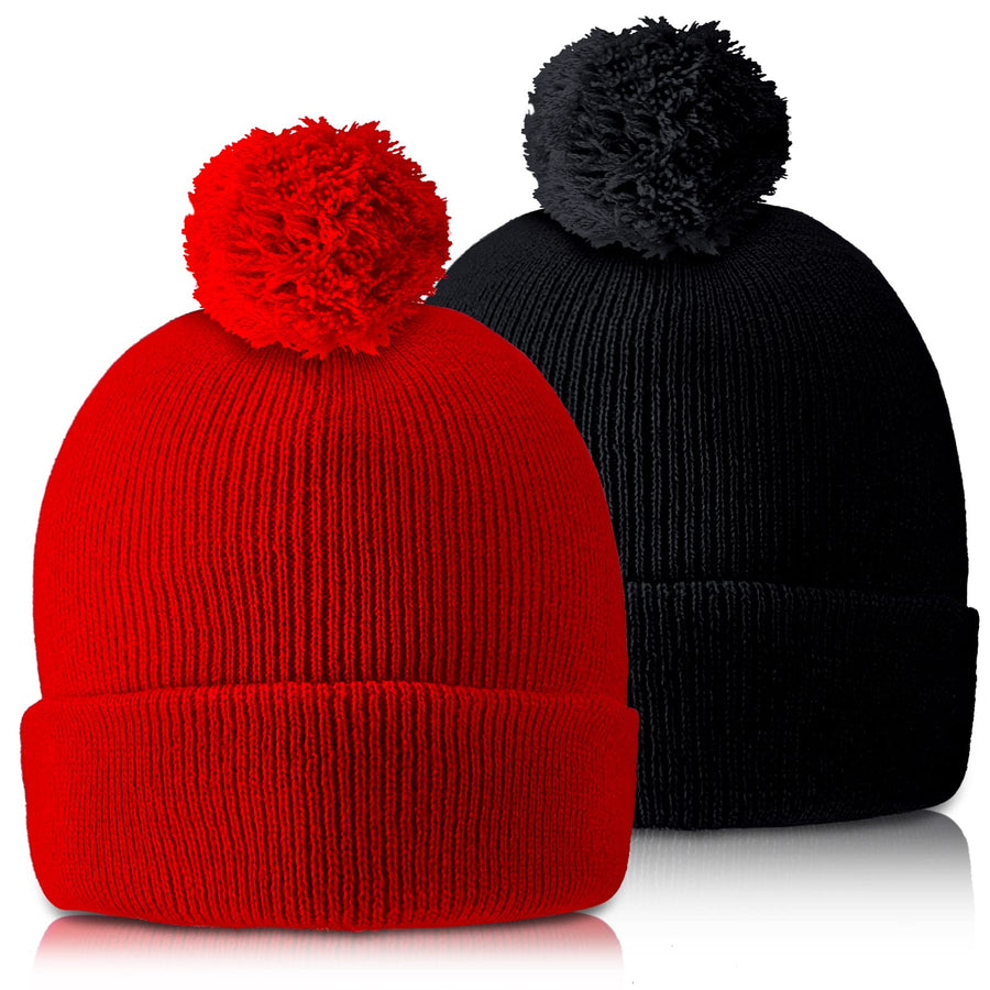 2 Pcs Pom Beanie Hat Men Women Hat Pom Knit Hat Beanies with Ball at Top Acrylic Winter pom Cap with Cuff (Red, Black)