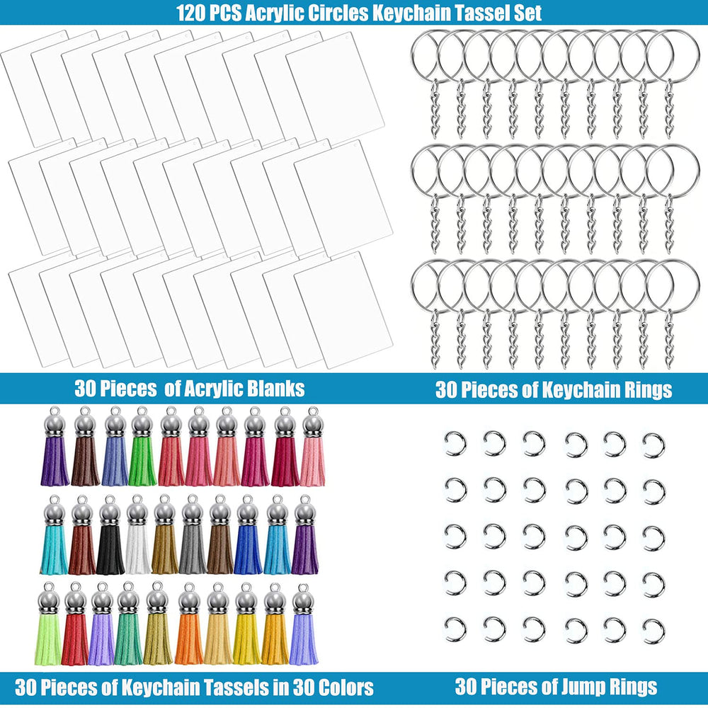 96 PCS Acrylic Keychain Blanks Tassel Set Including 24 Clear Rectangle Acrylic Blanks (2x3 Inch) 24 Keychain Tassels, 24 Key Chain Rings and 24 Jump Rings for DIY Song Keychains, Custom Vinyl