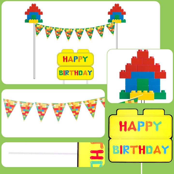 34 Pieces Building Block Themed Happy Birthday Cake Toppers Cupcake Building Block Cake Banners Building Block Birthday Decorations for Birthday Party Supplies