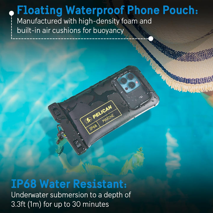 Marine - IP68 Waterproof Phone Pouch / Case (Regular Size) - Floating Waterproof Phone Case For iPhone 16 Pro Max/iPhone 15 Pro/14/13/12/S24 Ultra - Detachable Lanyard - Black/Hi-Vis Yellow
