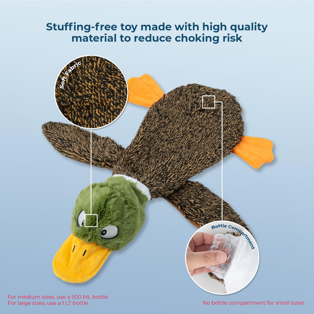 2-in-1 Stuffless Squeaky Dog Toys with Soft, Durable Fabric for Small, Medium, and Large Pets, No Stuffing for Indoor Play, Holds a Plastic Bottle - 1Wild Duck, Medium