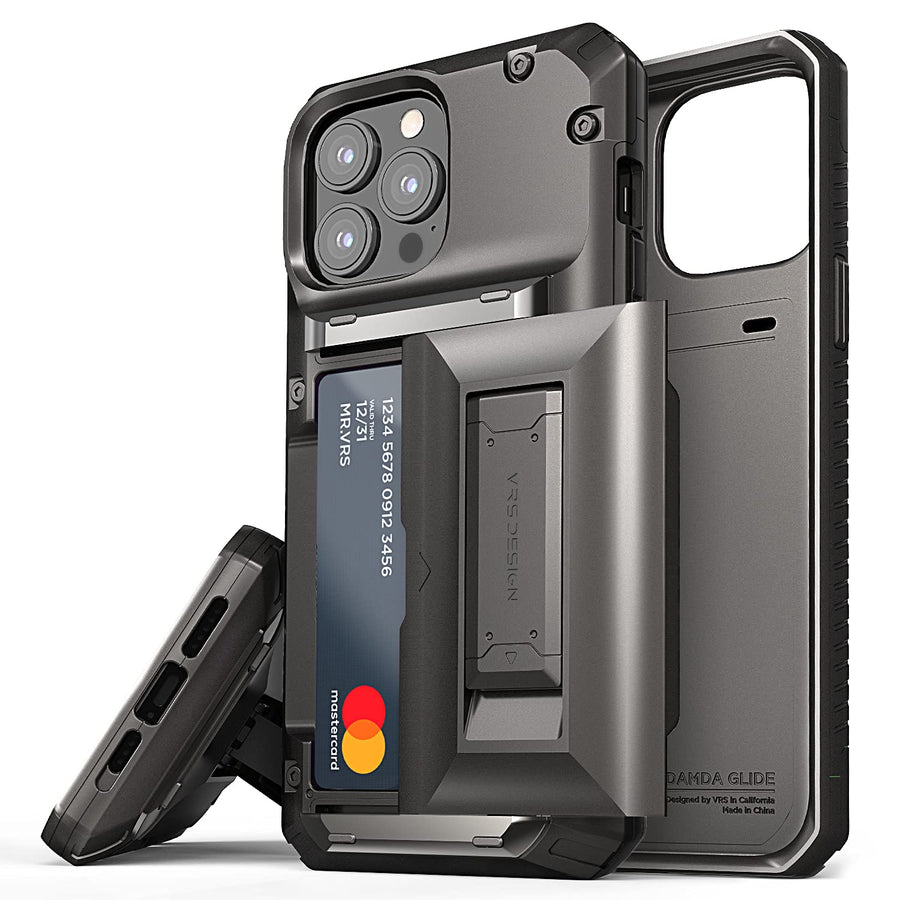 Damda Glide Hybrid Phone Case for iPhone 13 Pro Max, Card Slot Holder with Kickstand, Functional Sturdy Case Compatible for iPhone 13 Pro Max Case (2021) Metal Black