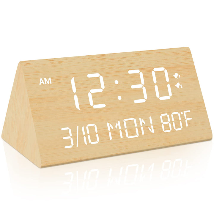 Wooden Digital Alarm Clock, 0-100% Dimmer, 2 Alarm Settings, Weekday/Everyday Mode, 9 Mins Snooze, 12/24H, Temperature and Date Display for Office, Travel, Bedroom Alarm Clock (Bamboo)