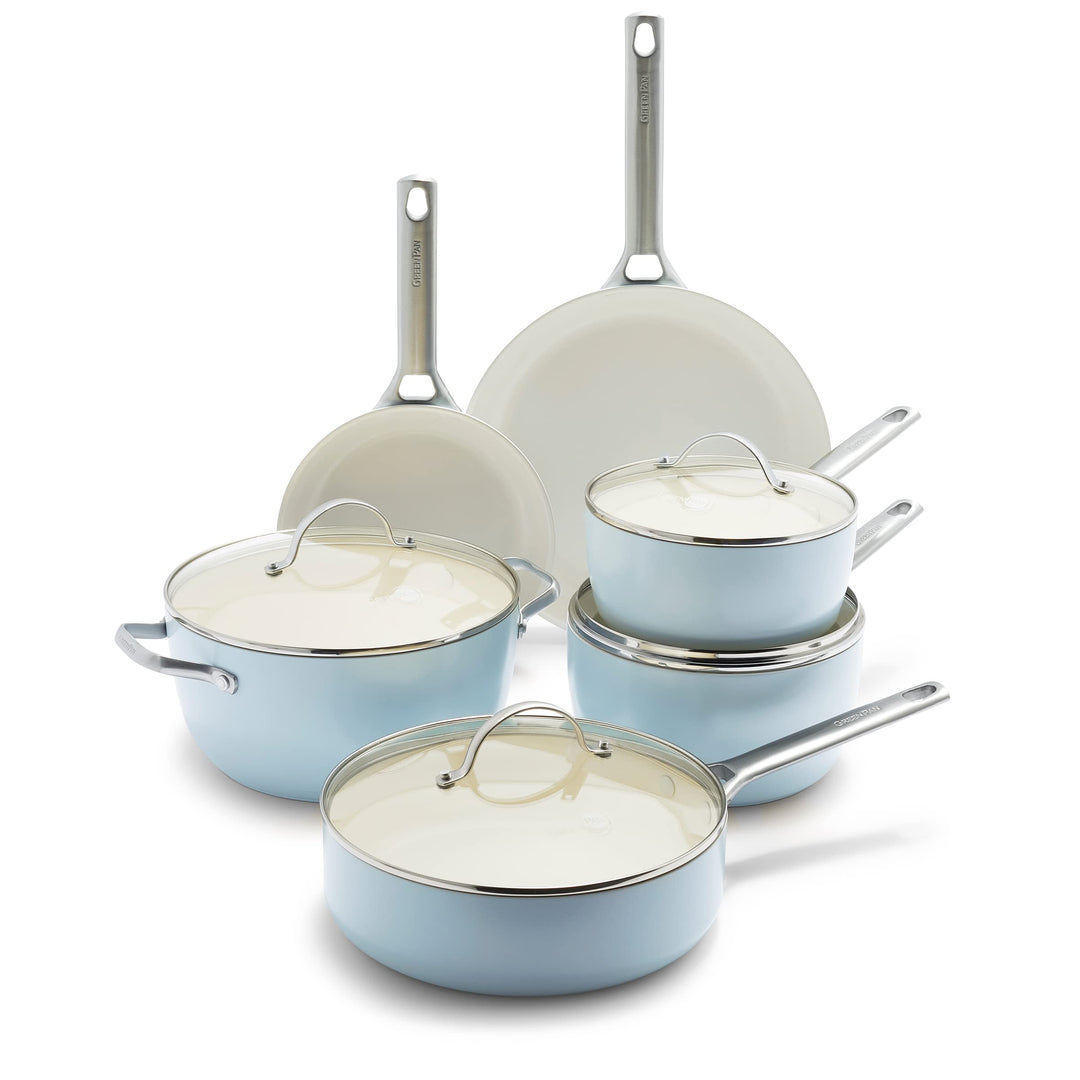 Padova Hard Anodized Healthy Ceramic Nonstick, 10 Piece Cookware Pots and Pans Set, PFAS-Free, Dishwasher Safe, Light Blue