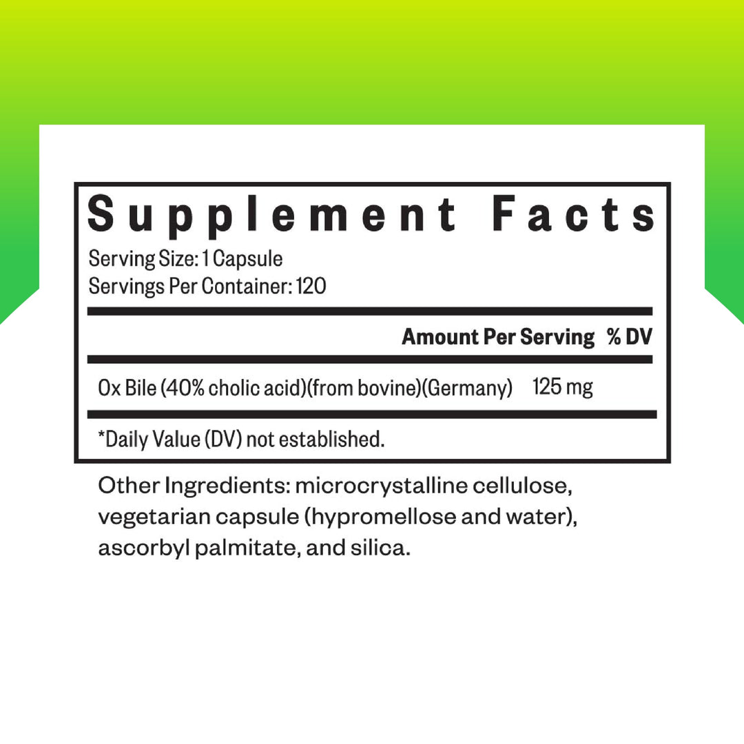 Ox Bile, 125 mg Digestive Enzyme Supplement, Gallbladder Support, Histamine Intolerance Support, Vegetarian Capsules (120 Capsules)