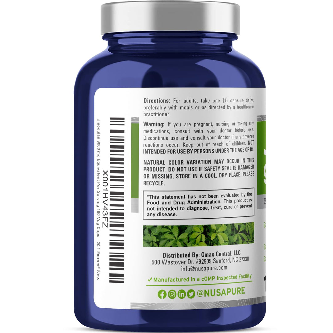 Jiaogulan 20:1 Extract, 450 mg Equivalent to 9,000mg 180 Veggie Capsules (Vegetarian, Non-GMO, Vegan) Gynostemma Pentaphyllum