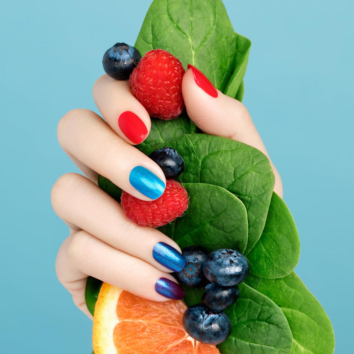 - 2 Bottles, 3 Looks Plant-Based Chip Free Nail Lacquer Kit - Non Toxic, Bio-Sourced, Long-Lasting, Strengthening Polish - Good Night Blue (Red With Blue Undertones And Blue Shimmer) - 2 Pc