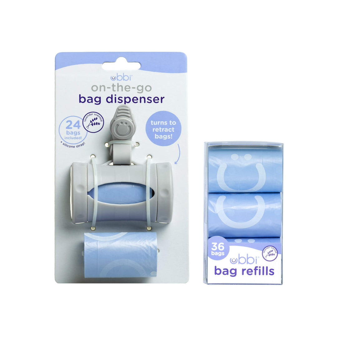 On The Go Gray Bag Dispenser and Waste Disposal Bags Refill, Lavender Scented, Baby Savings Bundle