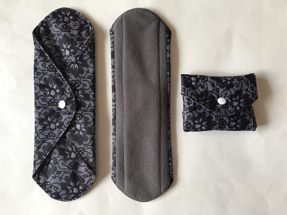 5 Pieces Charcoal Bamboo Mama Cloth/ Menstrual Pads/ Reusable Sanitary Pads (Black lace, Heavy (12 inch))