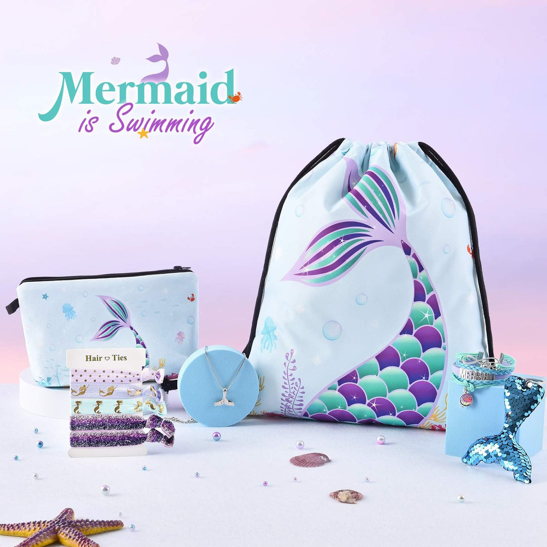 Mermaid Drawstring Backpack - Mermaid Gifts for Girls Birthday Christmas 9 PCS Drawstring Bags Set Including Makeup Zipper Bag Sequin Key-chain Necklace Bracelet Hair Ties