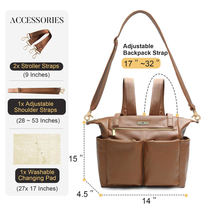 Diaper Bag Tote Leather Diaper Bag Backpack Large Tote Bag,Baby Diaper Bag for Women,Diaper Bag Purse with 11 Diaper Bag Organizer,Changing Pad, Stroller Straps,4 Insulated Pockets