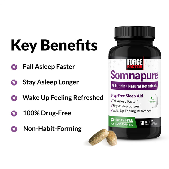 Somnapure Drug-Free Sleep Aid for Adults for Occasional Sleeplessness with Melatonin & Valerian, Non-Habit-Forming Sleeping Pills, Fall Asleep Faster, Wake Up Refreshed, 60 Tablets
