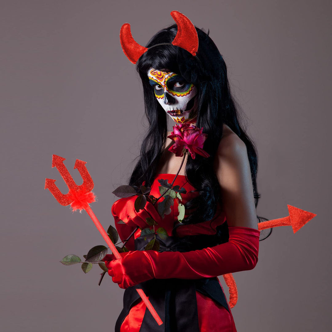 Devil Costume Accessories, Devil Horn Headband, Bow Tie, Tail, Devil Fork and Long Gloves for Halloween Carnival Costume(Black)