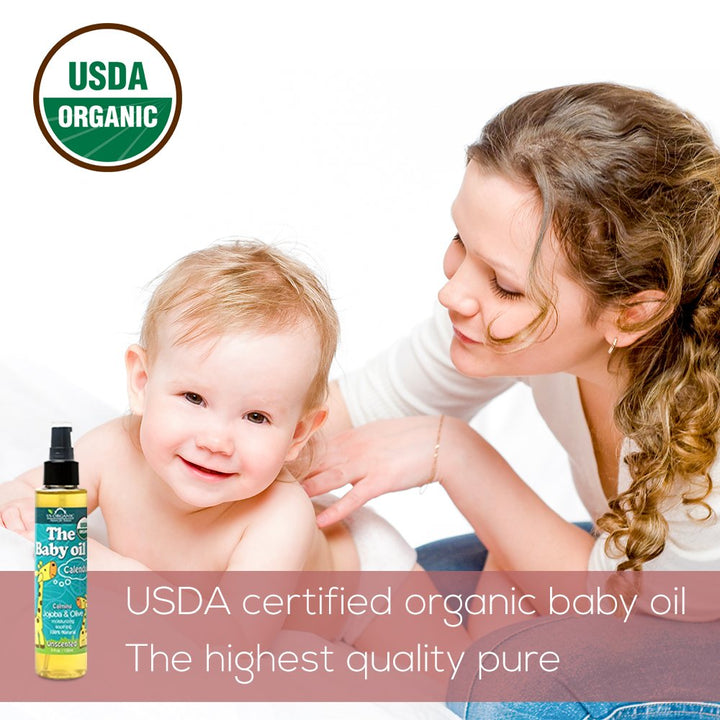 Baby Oil with Calendula, Jojoba, and Olive Oil with Vitamin E, USDA Certified Organic, No Alcohol, Paraben, Artificial Detergents, Color, Synthetic Perfumes, 5 fl. Oz (Pure Unscented)
