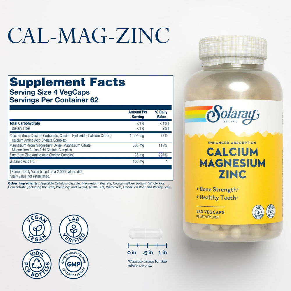 Calcium Magnesium Zinc Supplement - with Calcium 1000mg, Magnesium 500mg - Bone Health, Muscle Function, Heart Health and Immune Support - Vegan, 60 Day Guarantee, 62 Servings, 250 VegCaps
