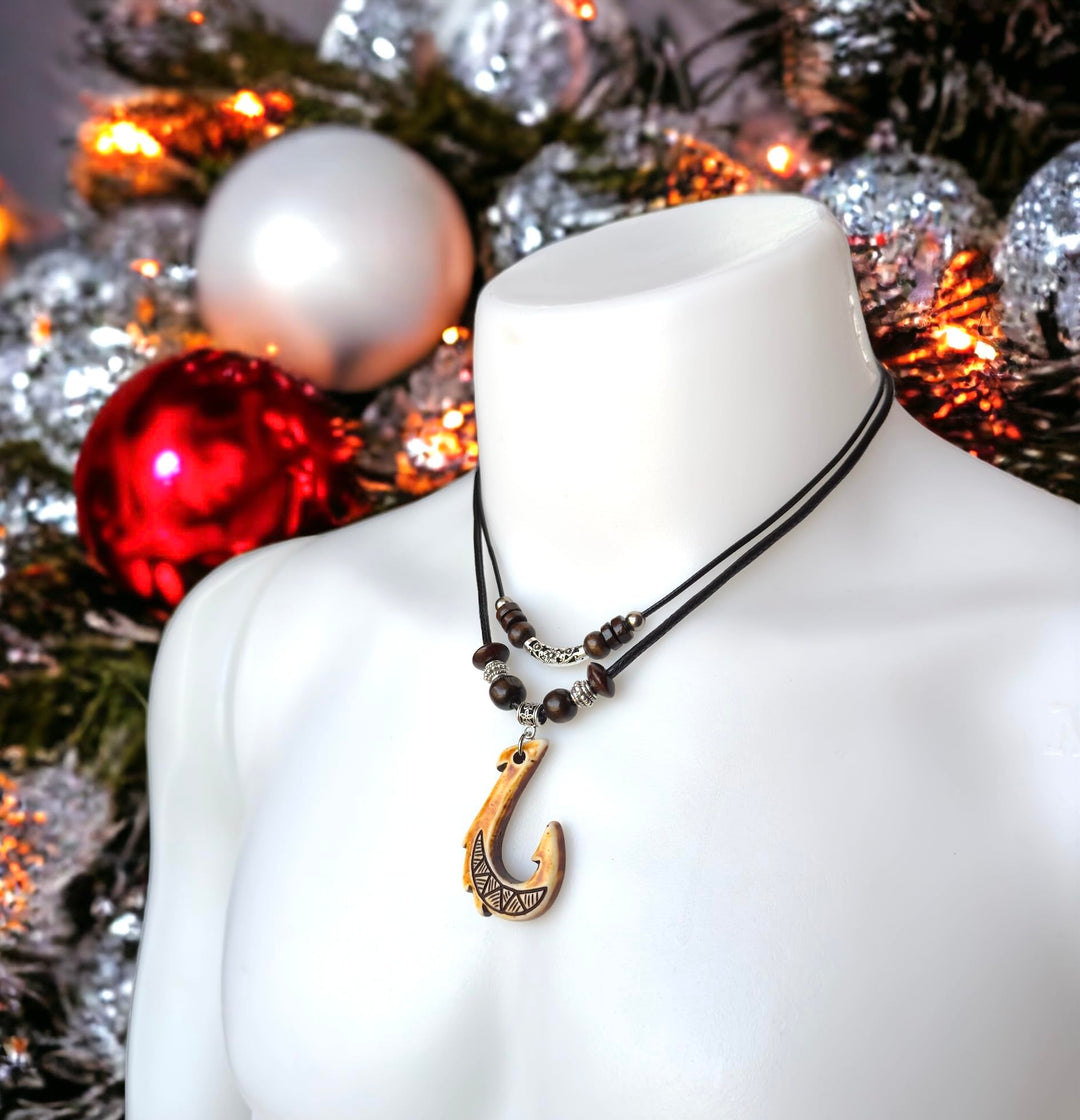 Brown Hawaiian Fish Hook Pendant Necklace Hemp Cord Chain - Maori Tribal Necklace - Adjustable Black Cord