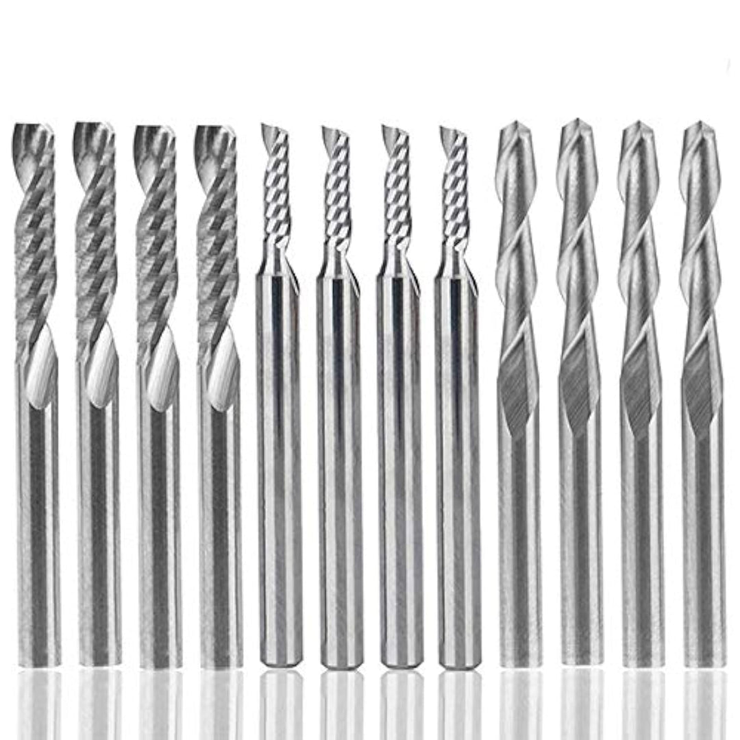 12 PCS Carbide END Mill Cutter, 4 PCS 1/8 CNC Router Bits Double Flute Tools + 8 PCS 1 Flute Single Edged Milling Cutter (2 Types) for Nylon, Resin, ABS, Acrylic, PVC, MDF, Hardwood
