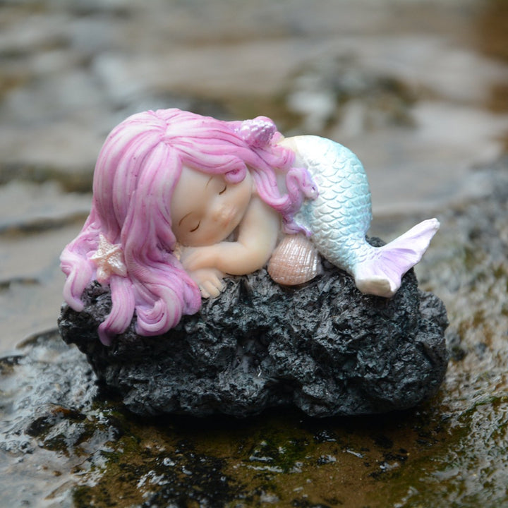 Miniature Fairy Garden and Terrarium Sleeping Little Mermaid on Rock Statue