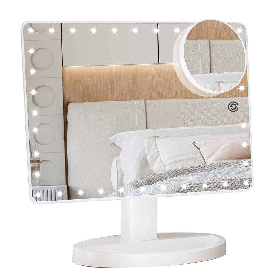 Large Lighted Vanity Makeup Mirror (X-Large) with 35 LED Lights, Touch Screen Dimmable and 10X Magnification Dual Power Supply 360°Rotation Tabletop Cosmetic Mirror