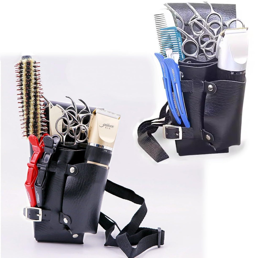 Black PU leather hairdressing scissors holder case holster pouch, hairdresser scissors belt bag, barber tool belt, salon hairdresser tool case bag for scissors combs, clippers, hair clips