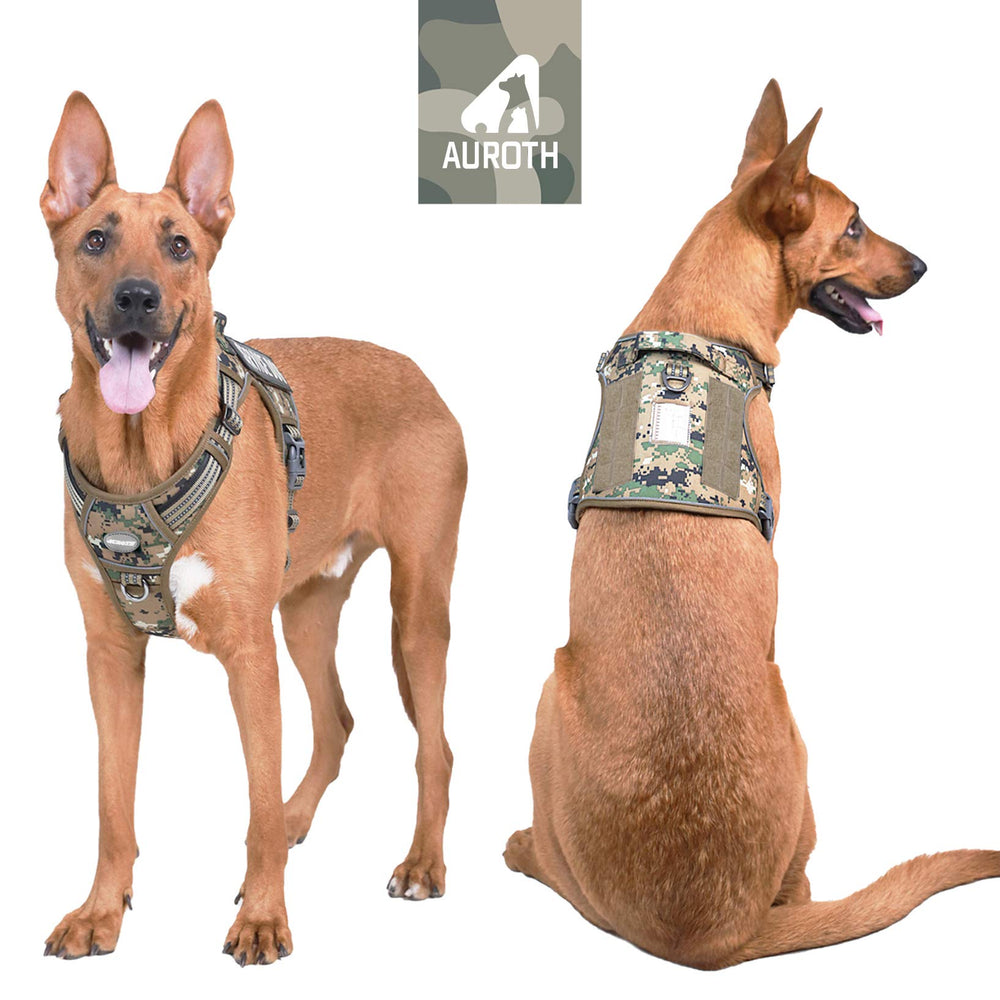 Auroth Tactical Dog Harness for Large Dogs No Pull Adjustable Pet Harness Reflective K9 Working Training Easy Control Pet Vest Military Service Dog Harnesses Woodland Camo XL