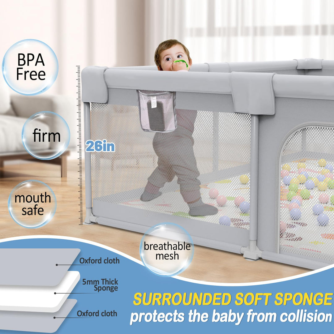 71x59 Extra Large Baby Playpen, Sturdy Safety Playard for Babies and Toddlers, Baby Activity Center with 8 Suction Cup Bases and Soft Breathable Mesh, Infants Play Pen with Gate, Gray