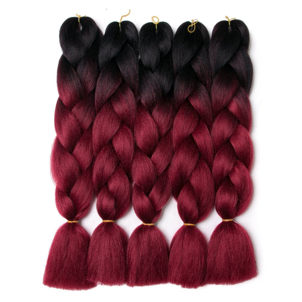 Ombre Braiding Hair 24inch Jumbo Braids High Temperature Fiber Synthetic Hair Extension 5pcs/Lot 100g/pc for Twist Braiding Hair (24inch(Pack of 5), Black-Wine Red)