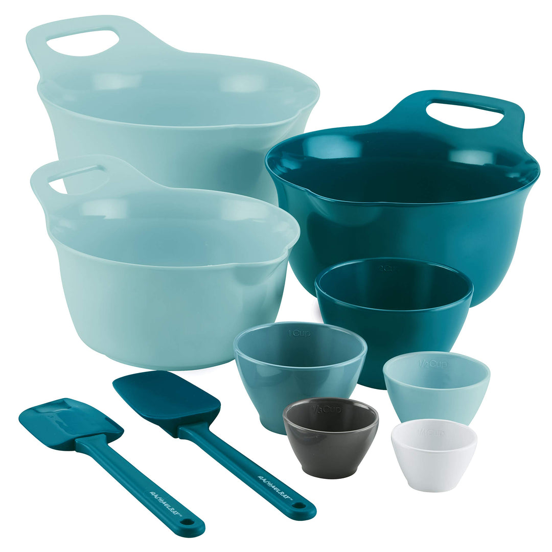 Tools and Gadgets Mix and Measure Cooking / Baking Prep Set with Mixing Bowls, Measuring Cups, and Tools - 10 Piece, Light Blue and Teal