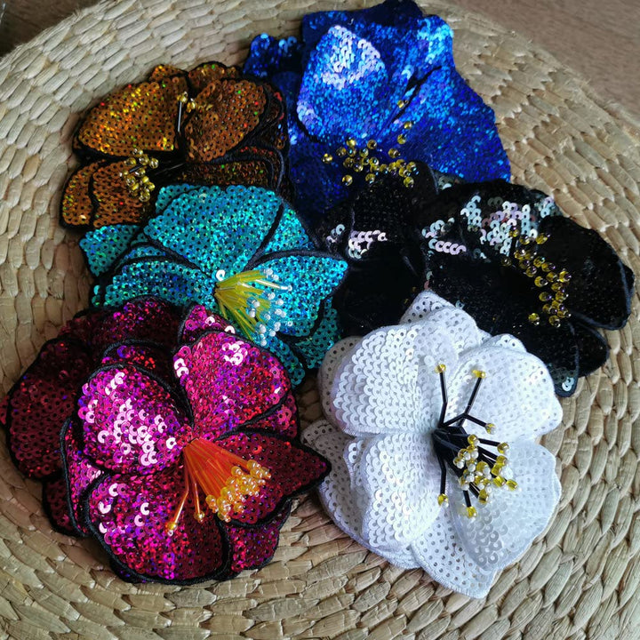 2 pcs Sequins Patch DIY Flower Beaded Patches for Clothes Sew On Paillette Embroidered Patch Motif Applique (White)