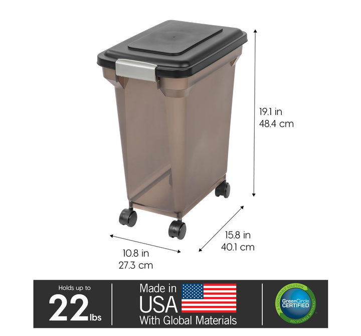 USA WeatherPro Airtight Dog Food Storage Container, Up to 22 lbs, Attachable Wheels, For Dog Cat Bird and Other Pet Food Storage Bin, Keep Fresh, Easy Mobility, BPA Free, Smoke