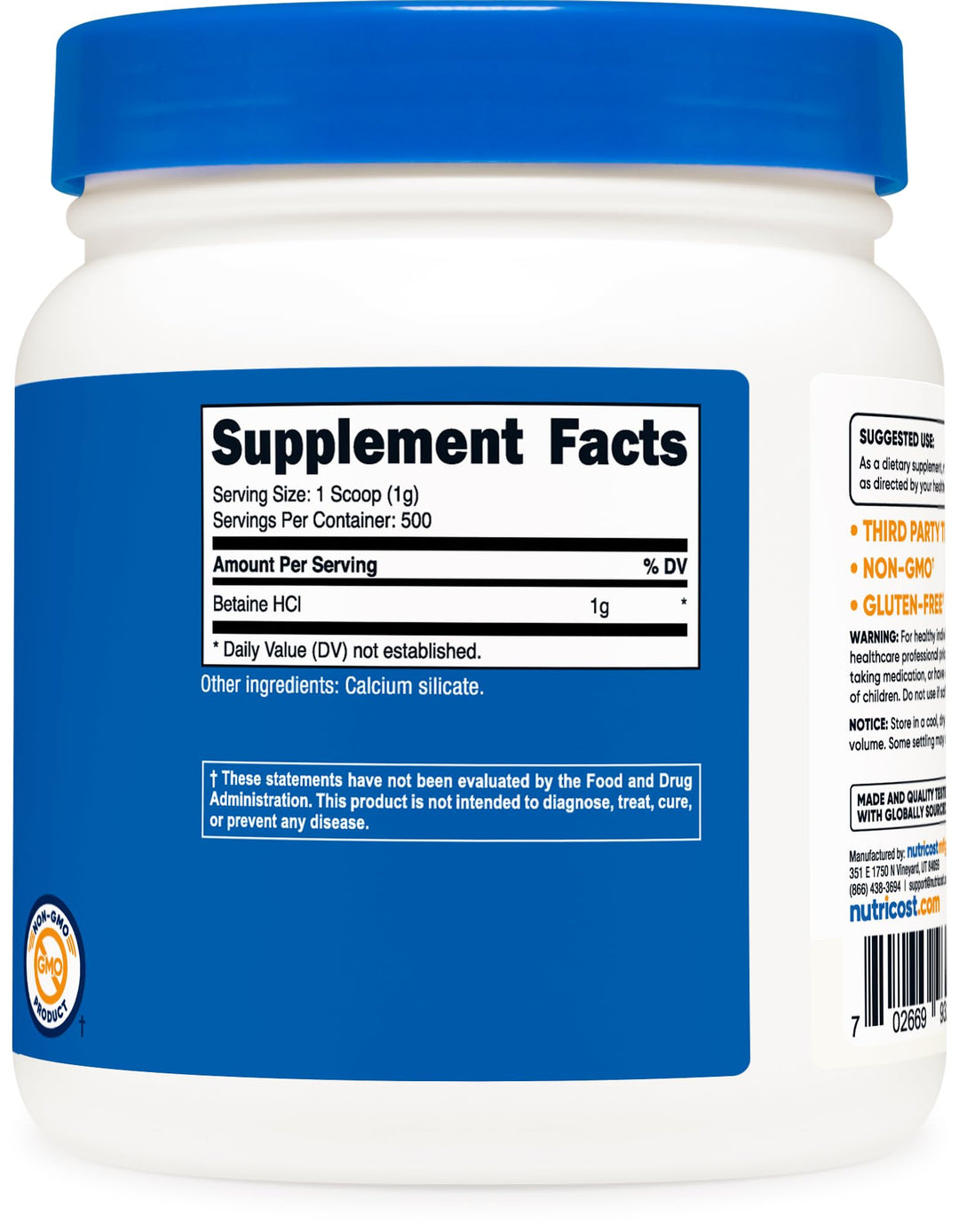 Betaine HCl Powder 500 Grams - Gluten Free, Non-GMO