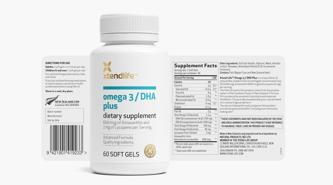 Omega 3 DHA Plus Fish Oil Supplement - 1100mg Omega-3 with DHA and EPA - Includes Lycopene and Astaxanthin to Support Heart, Brain, Eye, and Skin - 1 Month Supply (60 Count)