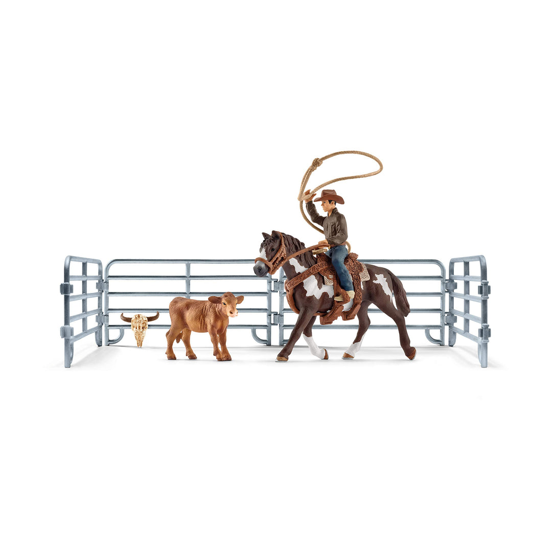Farm World, Rodeo Toys for Kids, Team Roping with Cowboy, Cow, and Horse, 11-piece set, Ages 3+