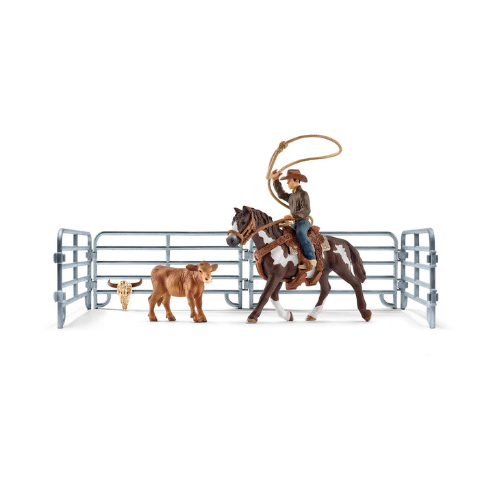 Farm World, Rodeo Toys for Kids, Team Roping with Cowboy, Cow, and Horse, 11-piece set, Ages 3+