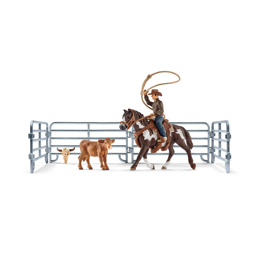 Farm World, Rodeo Toys for Kids, Team Roping with Cowboy, Cow, and Horse, 11-piece set, Ages 3+