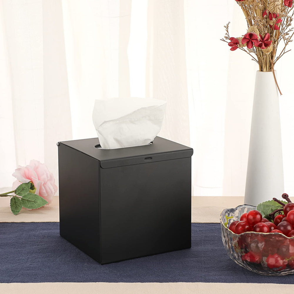 Square Tissue Box Cover - Stylish Cube Stainless Steel Tissue Box Holder, Modern Metal Facial Tissue Holder for Dresser Table Night Stand Bathroom Vanity Home Office Bar Wall Decor, Black