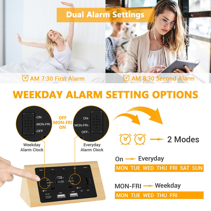 Wooden Digital Alarm Clock, 0-100% Dimmer, 2 Alarm Settings, Weekday/Everyday Mode, 9 Mins Snooze, 12/24H, Temperature and Date Display for Office, Travel, Bedroom Alarm Clock (Bamboo)