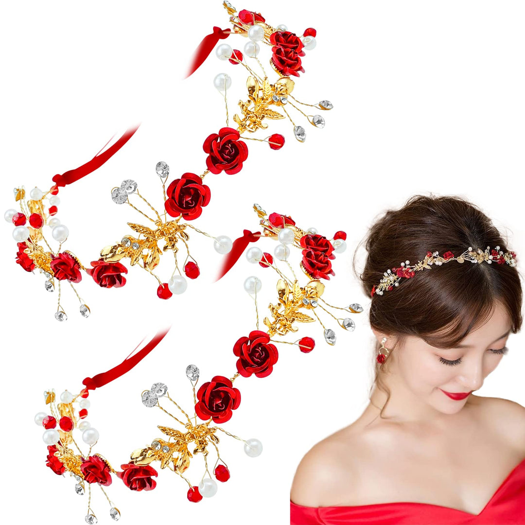 2 Pcs Red Flower Crown Headband Rhinestone Pearl Tiara Red Rose Bride Crown Crystal Red Headband Wedding Headpiece Hair Jewelry for Women