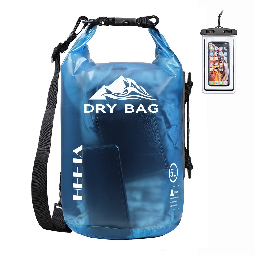 Dry Bag Waterproof for Women Men, Roll Top Lightweight Dry Storage Bag Backpack with Phone Case for Travel, Swimming, Boating, Kayaking, Camping and Beach (Transparent Blue, 5L)