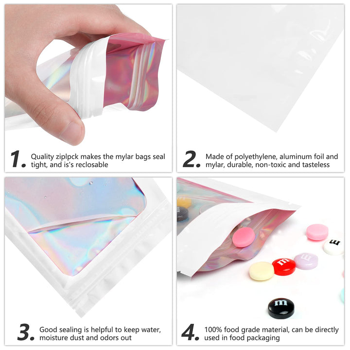 Funfery 100 pcs White Holographic Mylar Packaging Bags,Clear Sealing Resealable Smell Proof Bags Foil Pouch Zipper Bags for Food Storage,Lipgloss,Jewelry,Eyelash Packaging for Small Business(4x6In)