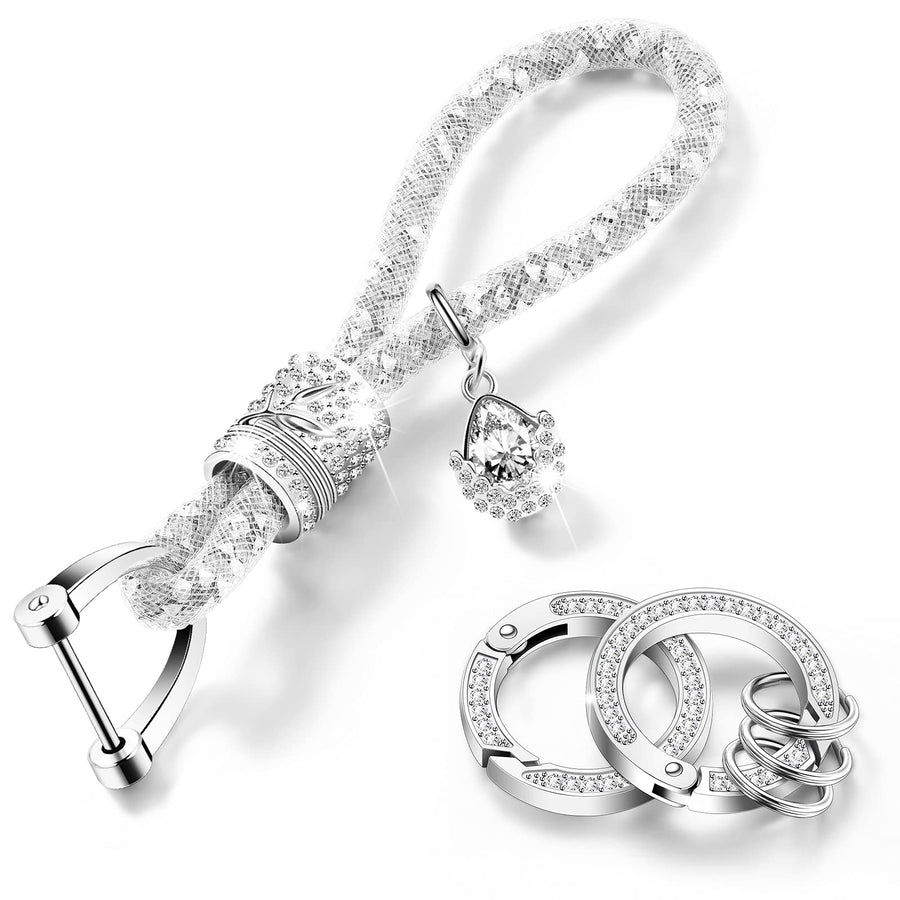 Crystal Bling Car Keychain for Women Glitter Rhinestone Strap Key Fob Fashionable Accessories for Car Key, Decorations DIY Crafts (White,1 Piece)