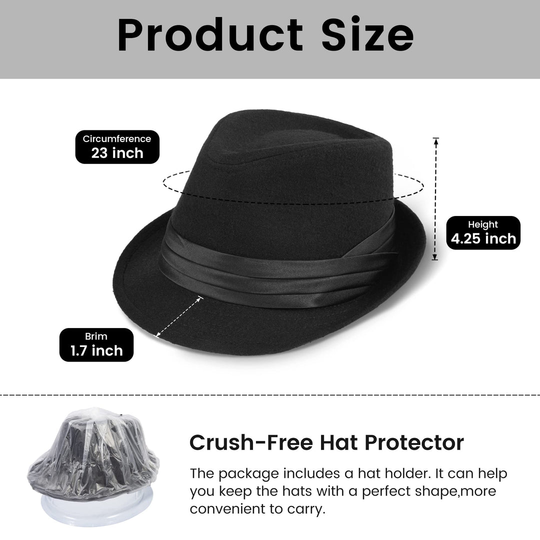 Fedora Hats for Men Unisex Short Brim Fedora for Men Structured Gangster Trilby Felt Black Fedora Hat for Women, Black