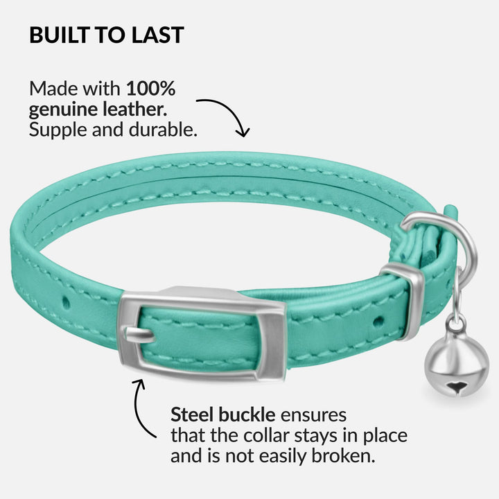 Leather Cat Collar with Bell - Kitten Collar, Small and Big Cat Collar for Boy Cats, Girl Cats with Safety Elastic Strap (Neck Fit 8-11, Mint Green)