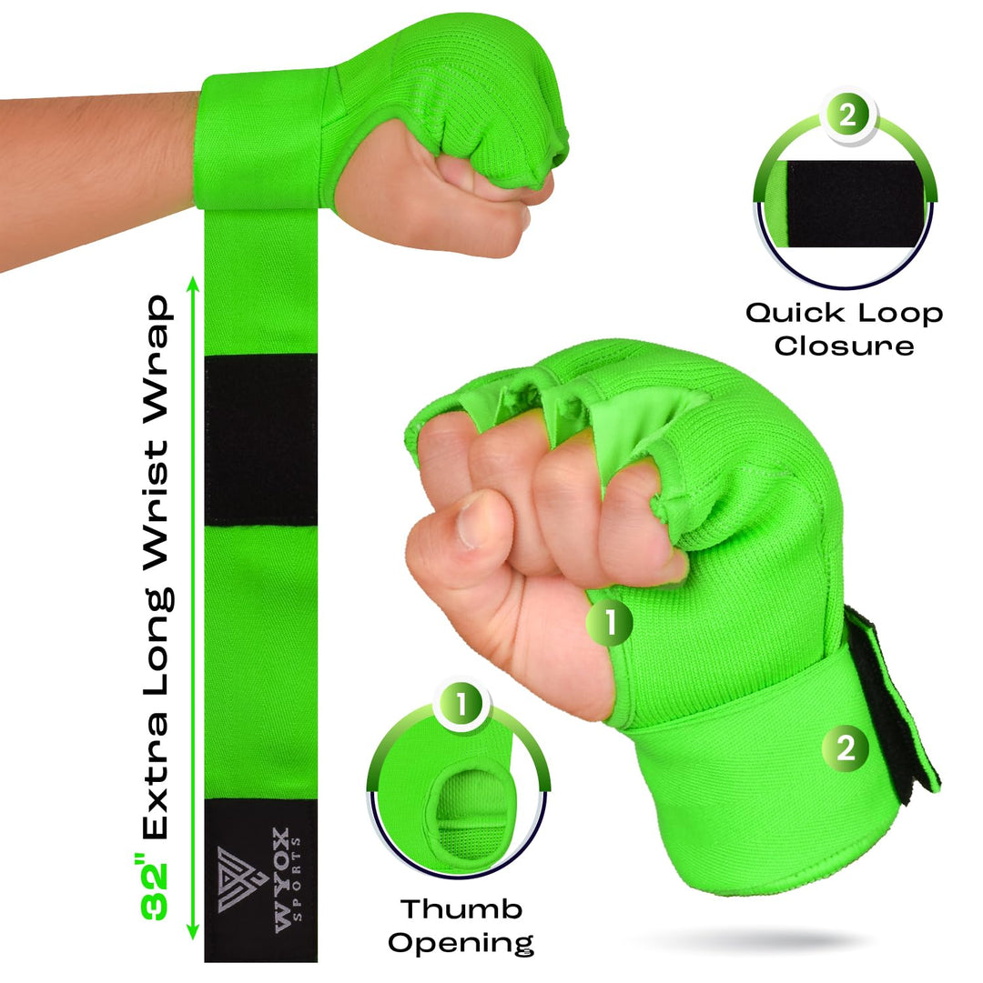 Gel Boxing Hand Wraps Inner Gloves for Men and Women, Quick 80cm Long Wrist Straps, Elasticated Padded Boxing Wraps for Muay Thai, MMA, Kickboxing, Martial Arts Training Bandages (Green, L/XL)