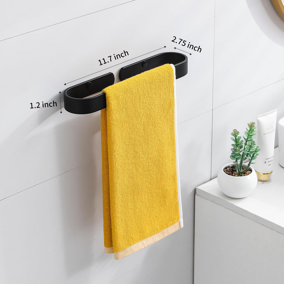 Adhesive Towel Bar for Bathroom Black 17.3 in, Hand Towel Holder Wall Mounted Kitchen Towel Rack with 2 Hooks, No Drilling Glue/Screw in