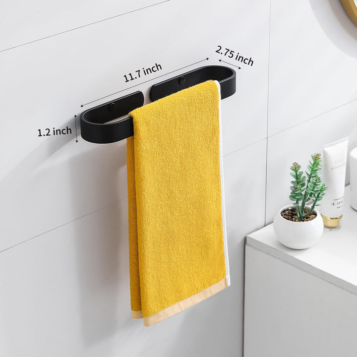 Adhesive Towel Bar for Bathroom Black 17.3 in, Hand Towel Holder Wall Mounted Kitchen Towel Rack with 2 Hooks, No Drilling Glue/Screw in